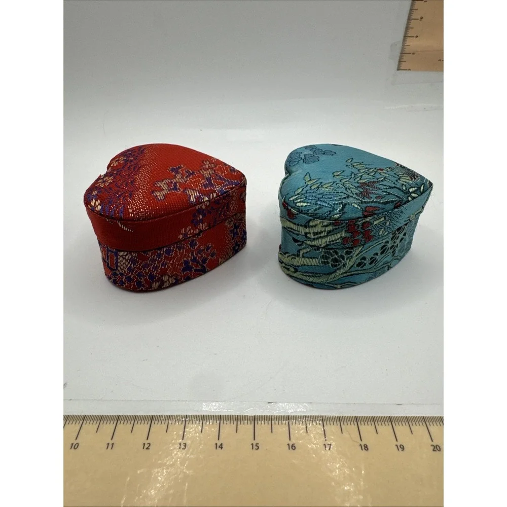 Set Of 2 Asian Ring Jewelry Box Compact Fabric Floral Portable - Heart Shaped